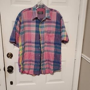 Vintage Lord and Taylor Men's Short Sleeve Button Down Shirt Size M Pink & Blue